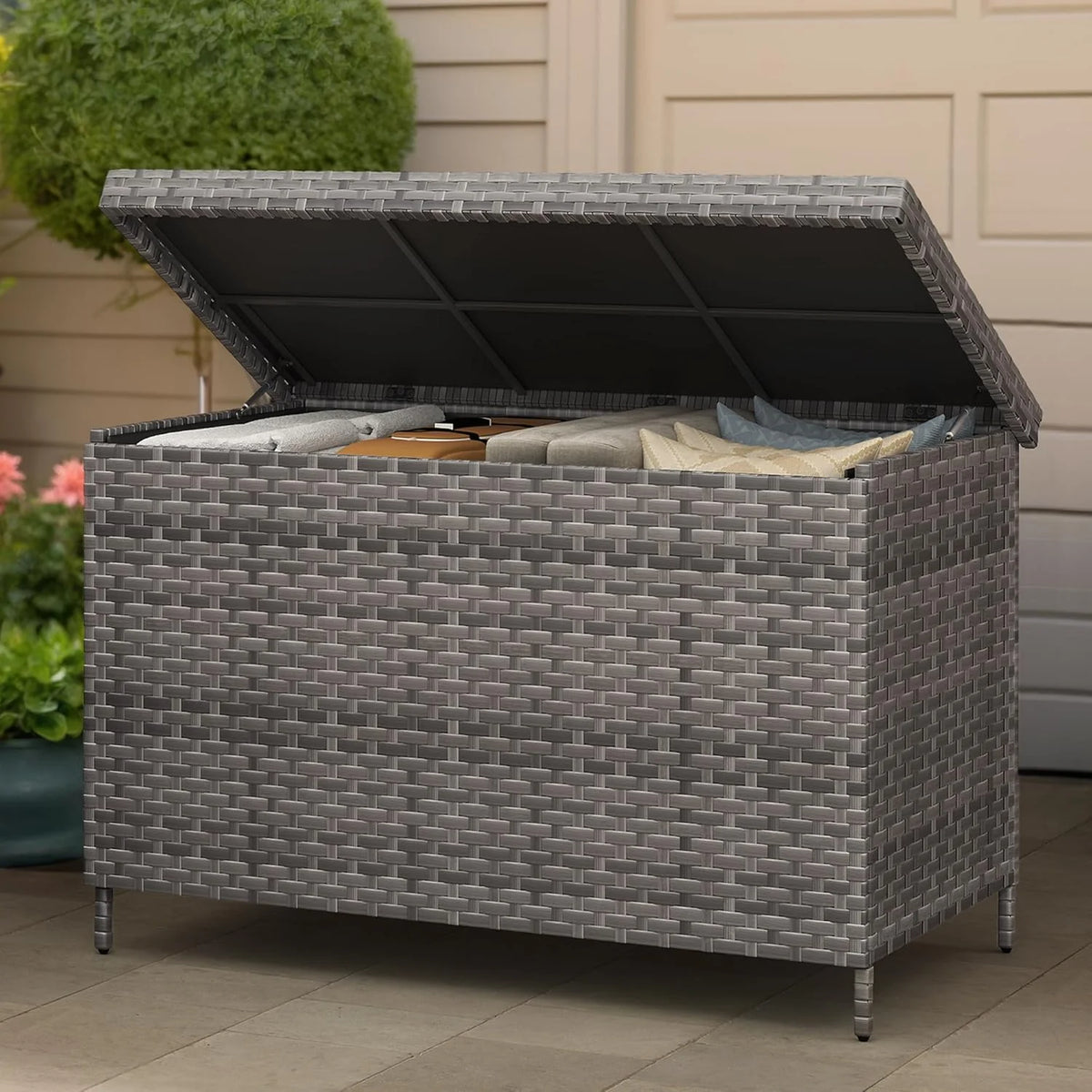 DWVO 70Gal Outdoor Storage Bench with Cushion & Composite Wood Backrest, All-Weather Wicker Deck Bench with Rustproof Bag, Poolside, Patio, Garden (Sand Beige)