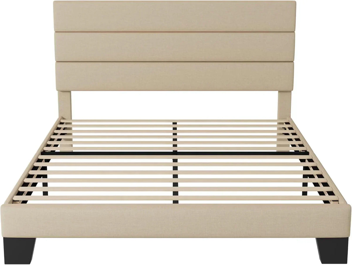 Allewie King size platform bed frame with velvet upholstered headboard and planks