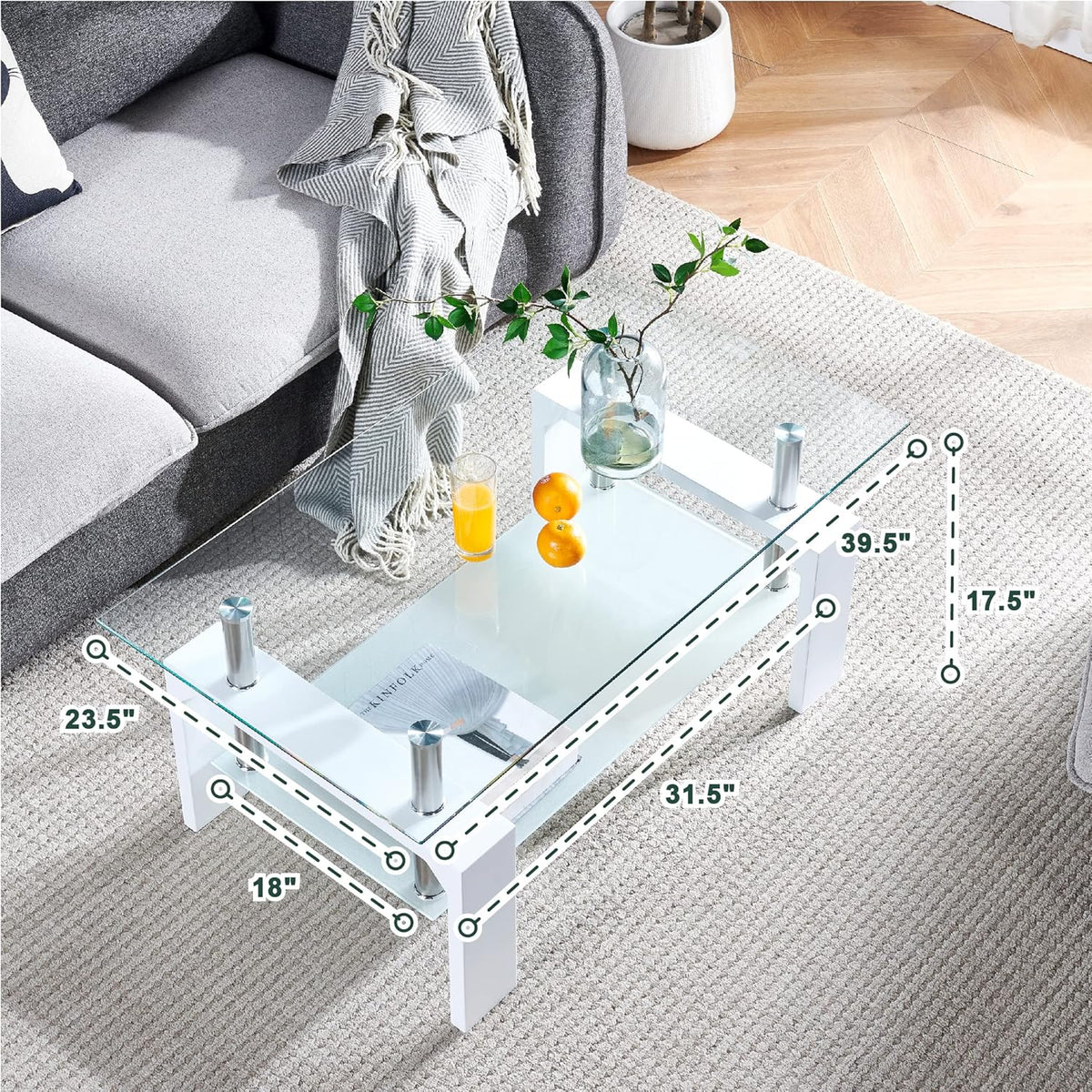 Living Room Rectangle Coffee Table, Tea Table Suitable for Waiting Room, Modern Side Coffee Table with Wooden Leg, Glass Tabletop