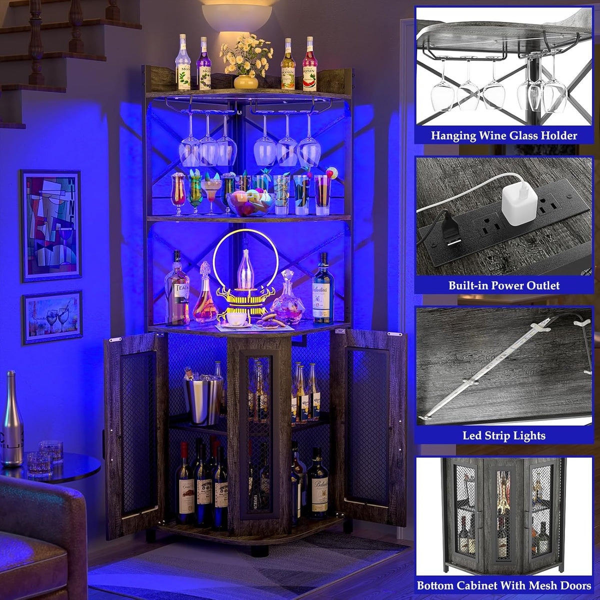 Corner bar cabinet with power socket, industrial style wine cabinet with LED light strip and glass rack, home five-layer wine cabinet bar unit, small space corner display cabinet
