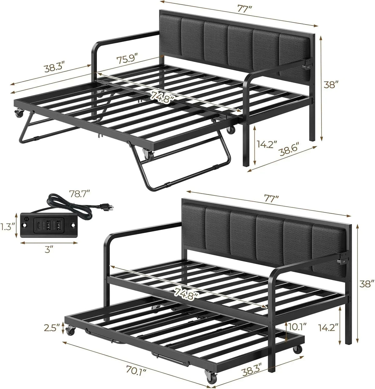 Rolanstar Daybed with Charging Station and LED Lights Height Adjustable Twin Daybed