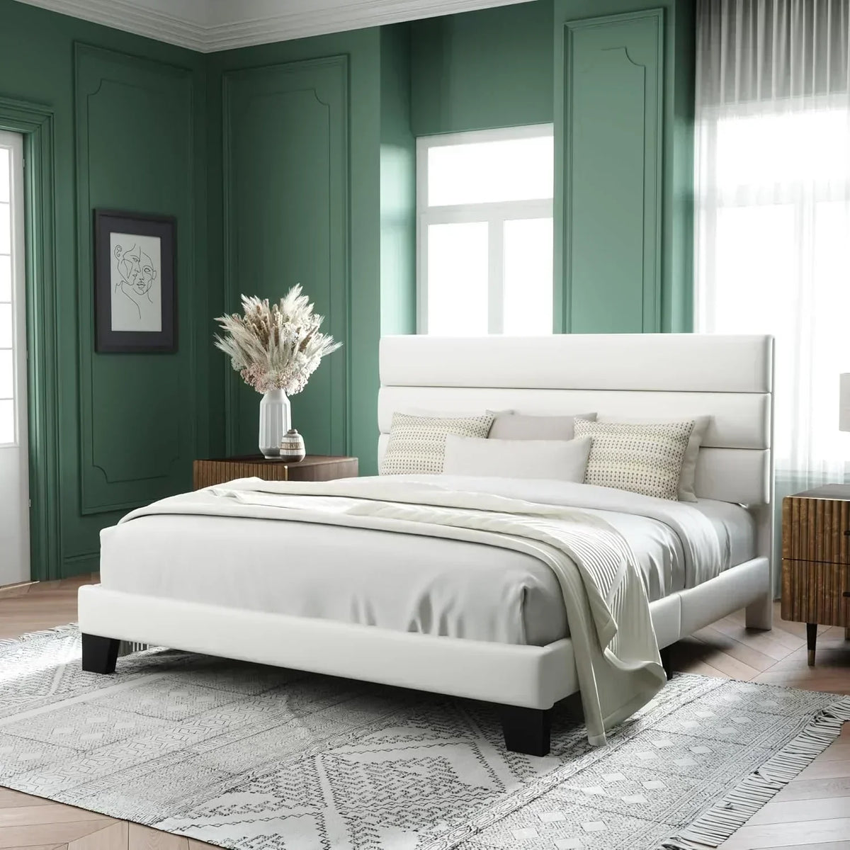 Allewie Queen Size Platform Bed Frame with Fabric Upholstered Headboard Wooden Slats Support