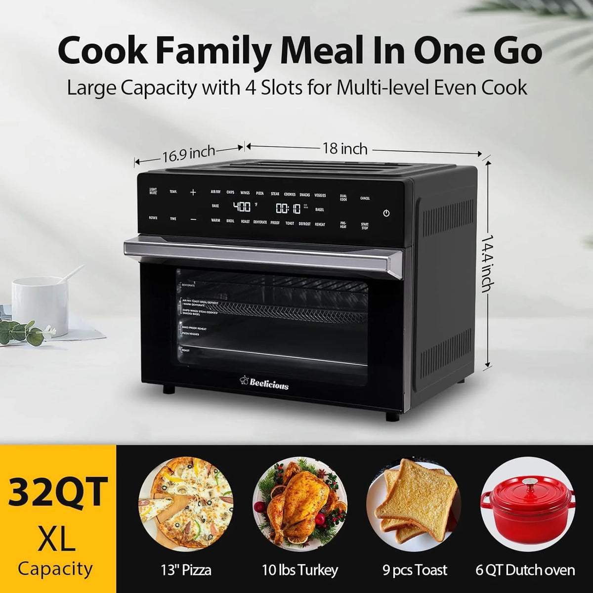 Beelicious 32QT Extra Large Air Fryer Toaster Oven Combo with Rotisserie and Dehydrator