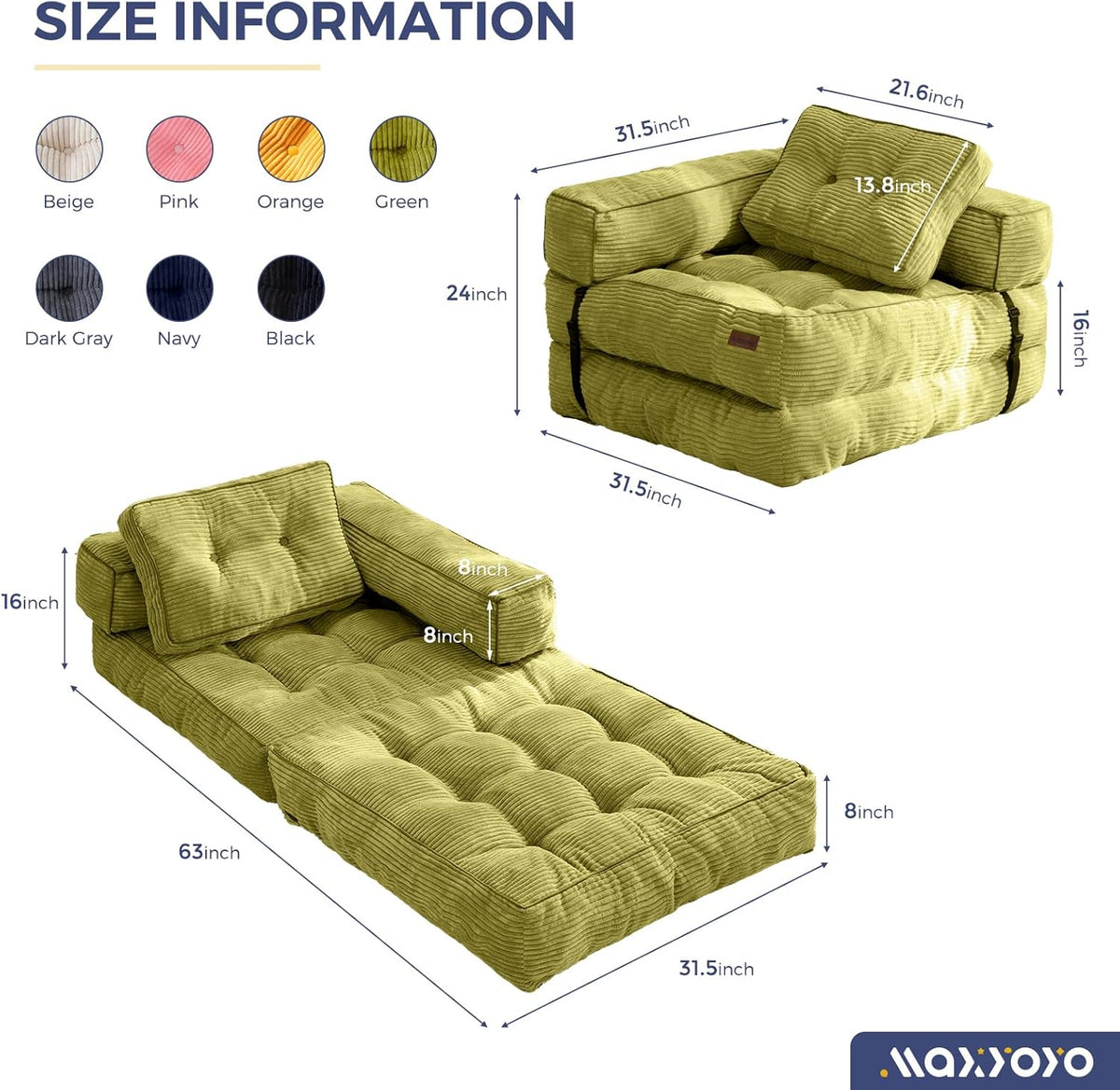 Folding Sofa Bed L-Shaped Convertible Sofa Bed with Armrests and Pillows