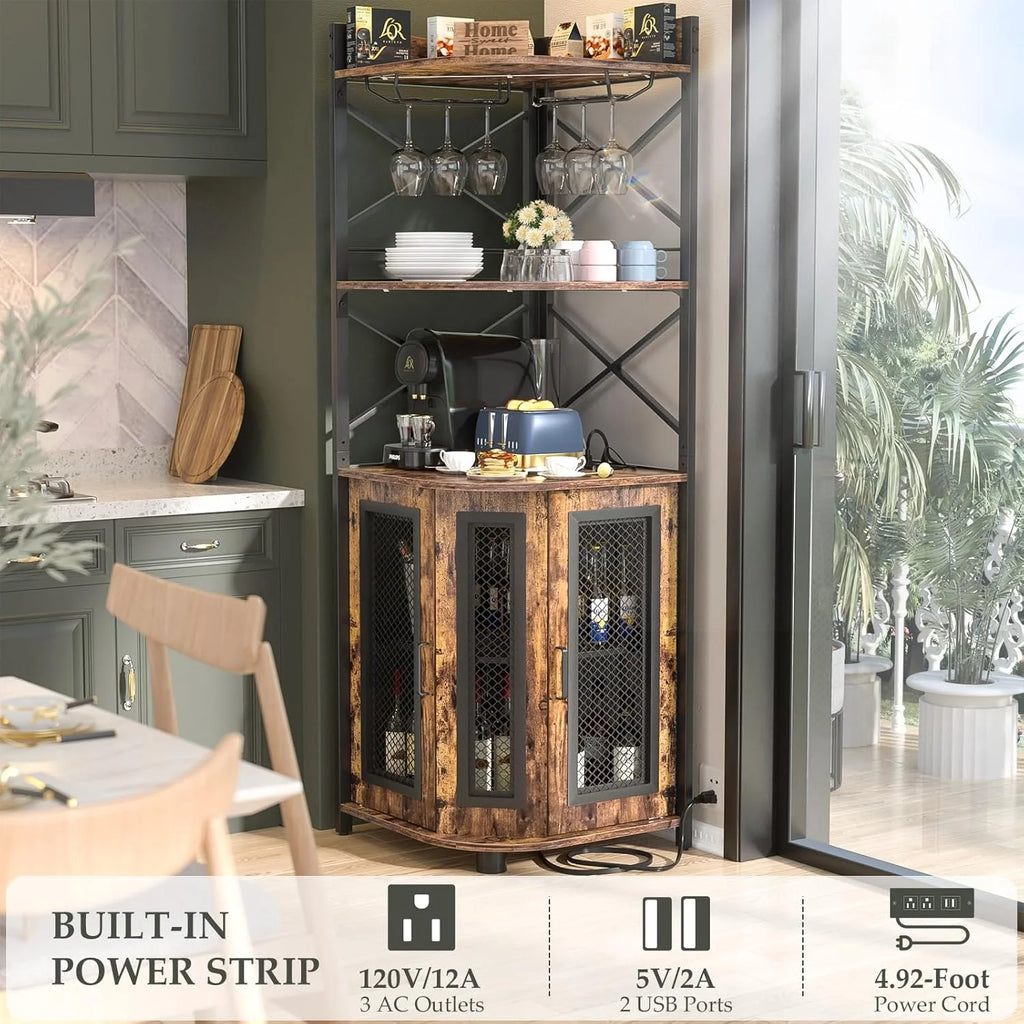Corner bar cabinet with power socket, industrial style wine cabinet with LED light strip and glass rack, home five-layer wine cabinet bar unit, small space corner display cabinet