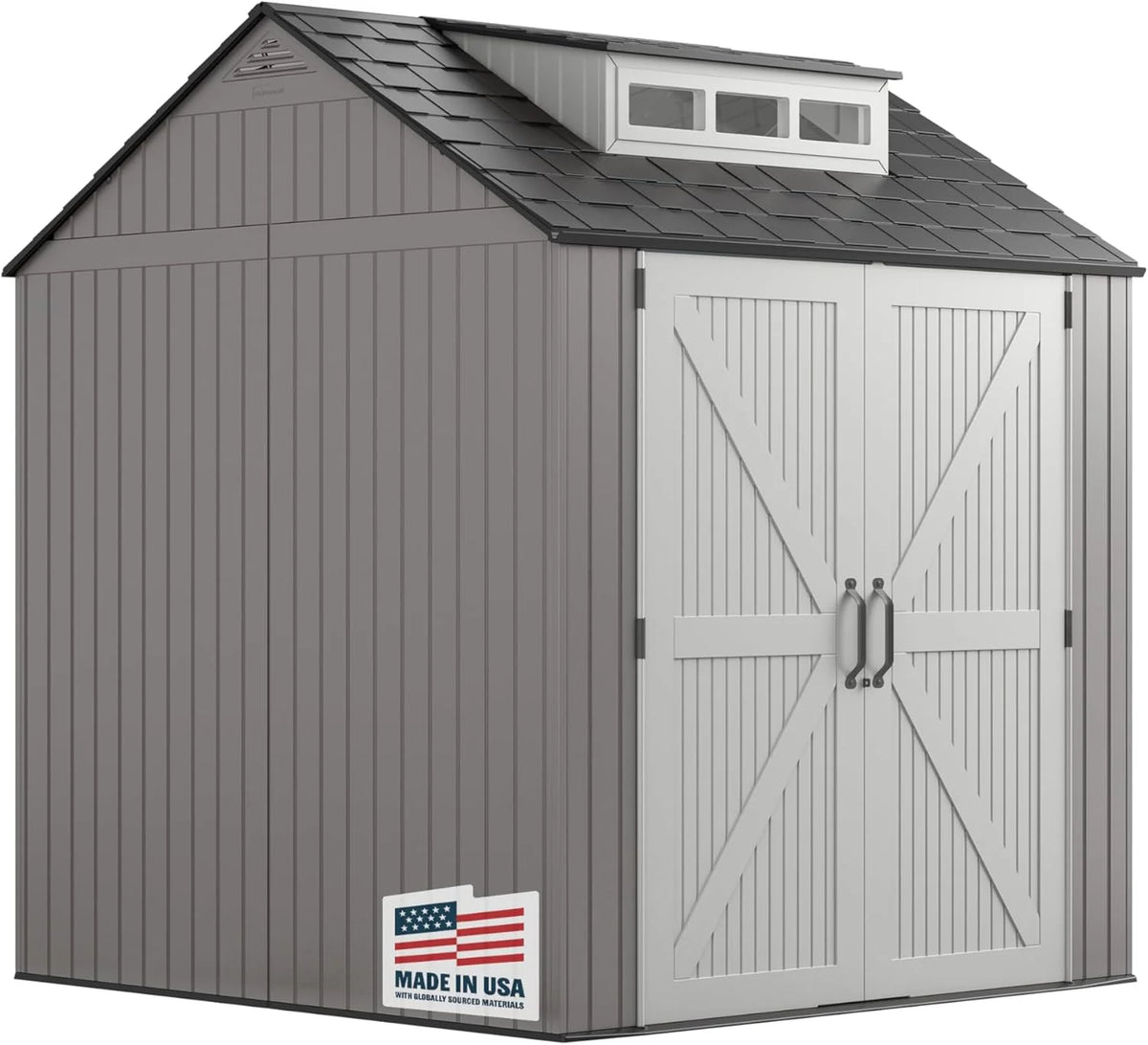 Rubbermaid Resin Outdoor Storage Shed With Floor (7 x 7 Ft) Weather Resistant Gray Organization for Home/Backyard/Garden Tools/Lawn Mower/Bike Storage/Pool Supplies