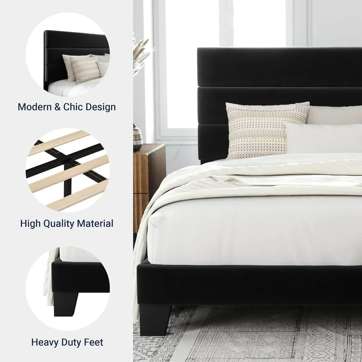 Allewie Queen Size Platform Bed Frame with Fabric Upholstered Headboard Wooden Slats Support