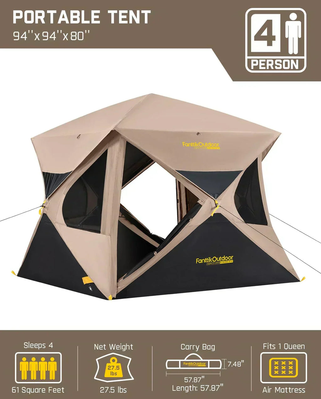 Super Camping Tent 4 Person Pop-up Instant Cabin Set Up Portable Center Tent