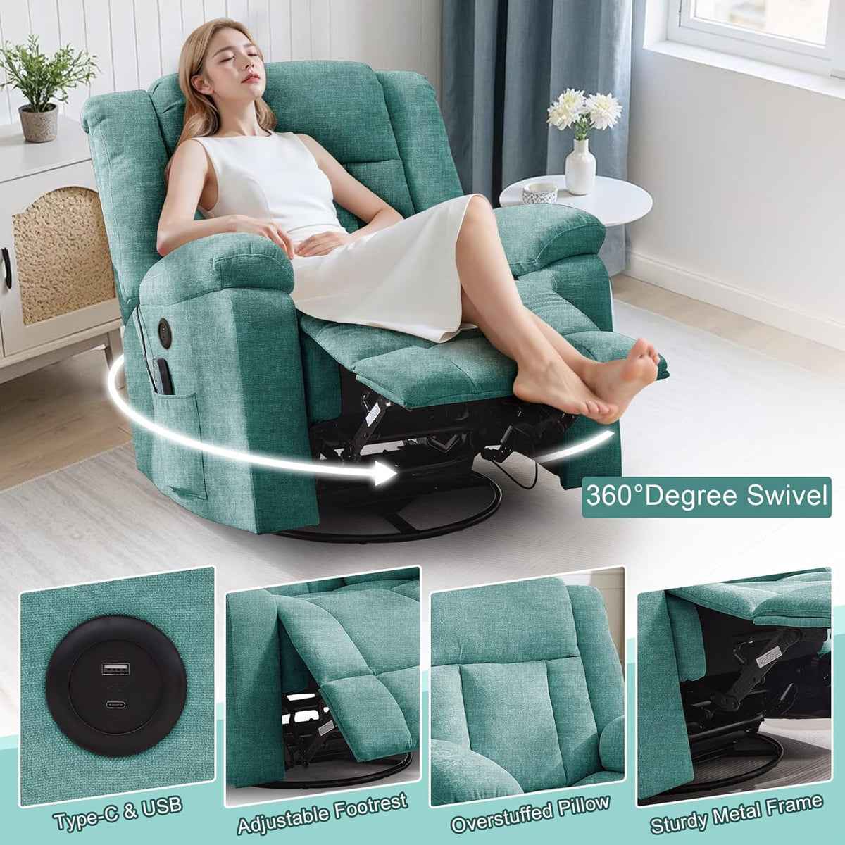 Adult rocking chair, gliding recliner, 360° rotating rocking chair with massage and heating function