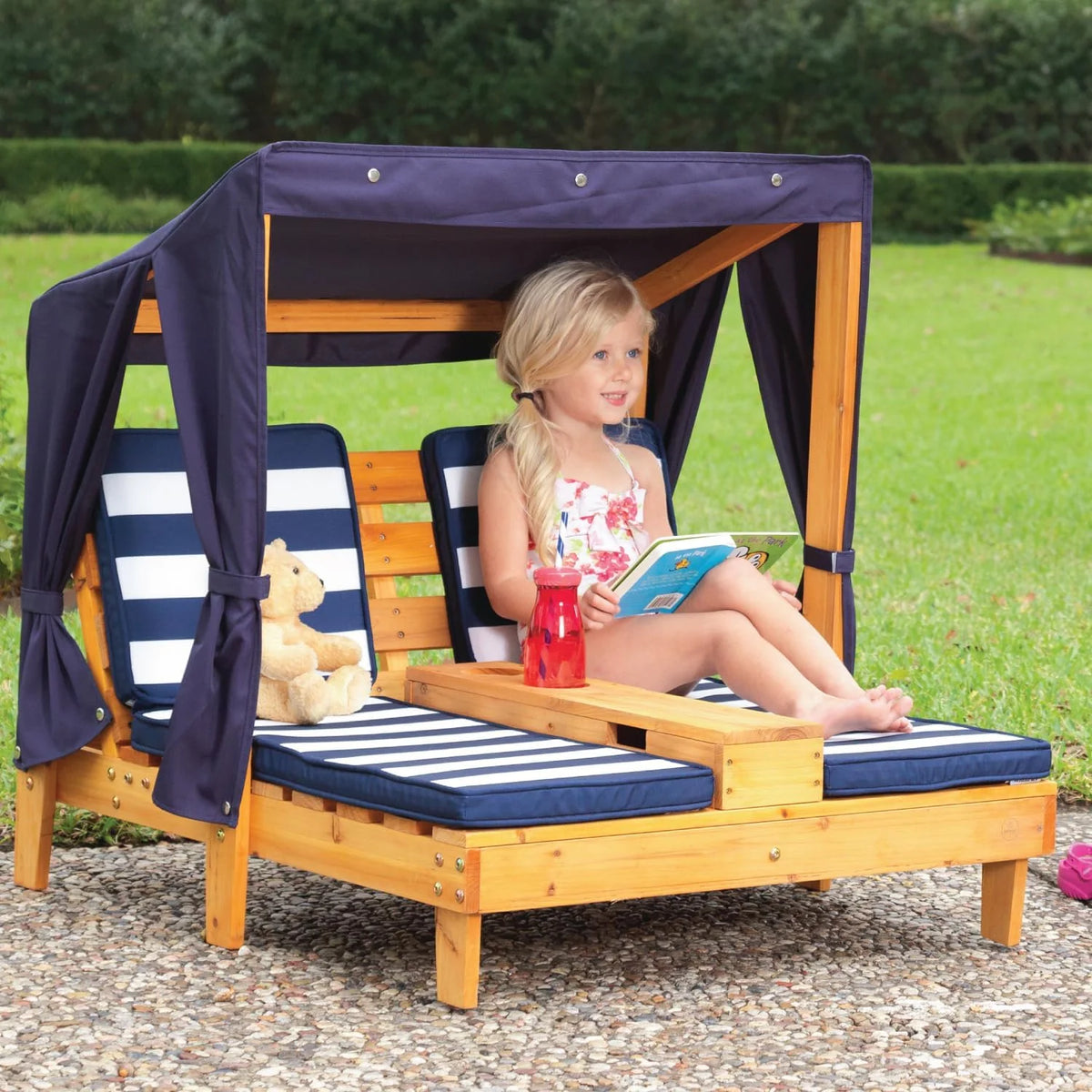 KidKraft Wooden Outdoor Double Chaise Lounge with Cup Holders, Kid's Patio Furniture, Honey with Navy and White Striped Fabric, Gift for Ages 3-8