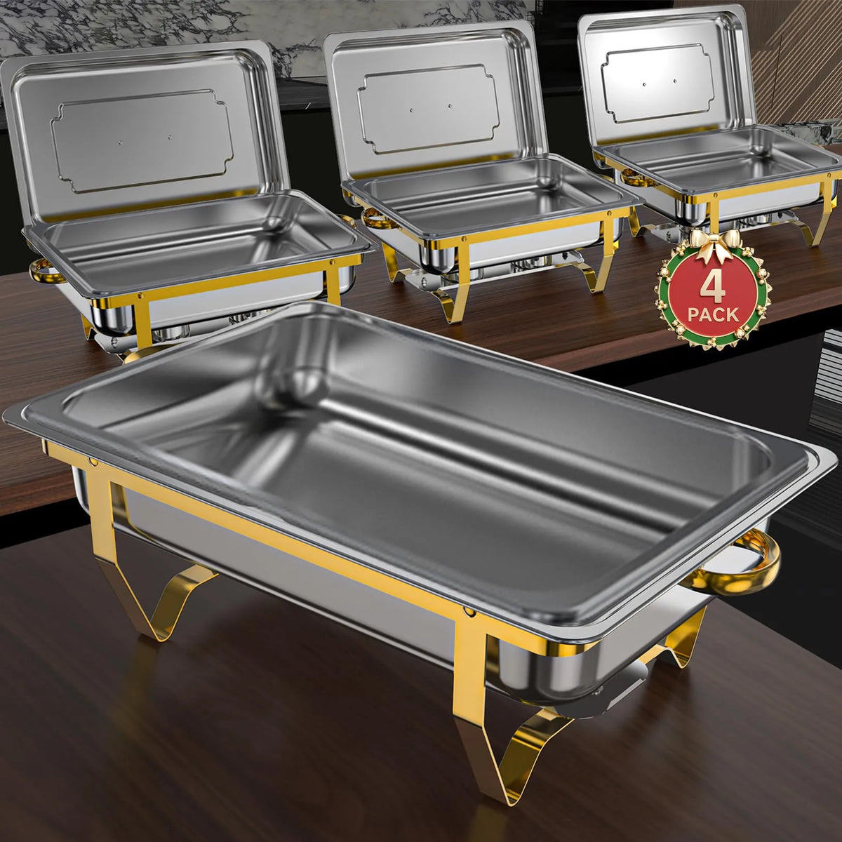 Chafing Dish Buffet Set, 8QT High Grade Chafing Dishes for Buffet, Chafers and Buffet Warmers Sets for Wedding, Rolled-Edge Design with Gold and Silver, 4 Pack (1 Pan, 1 Pan, 2x1/2 Pan, 3x1/3 Pan)
