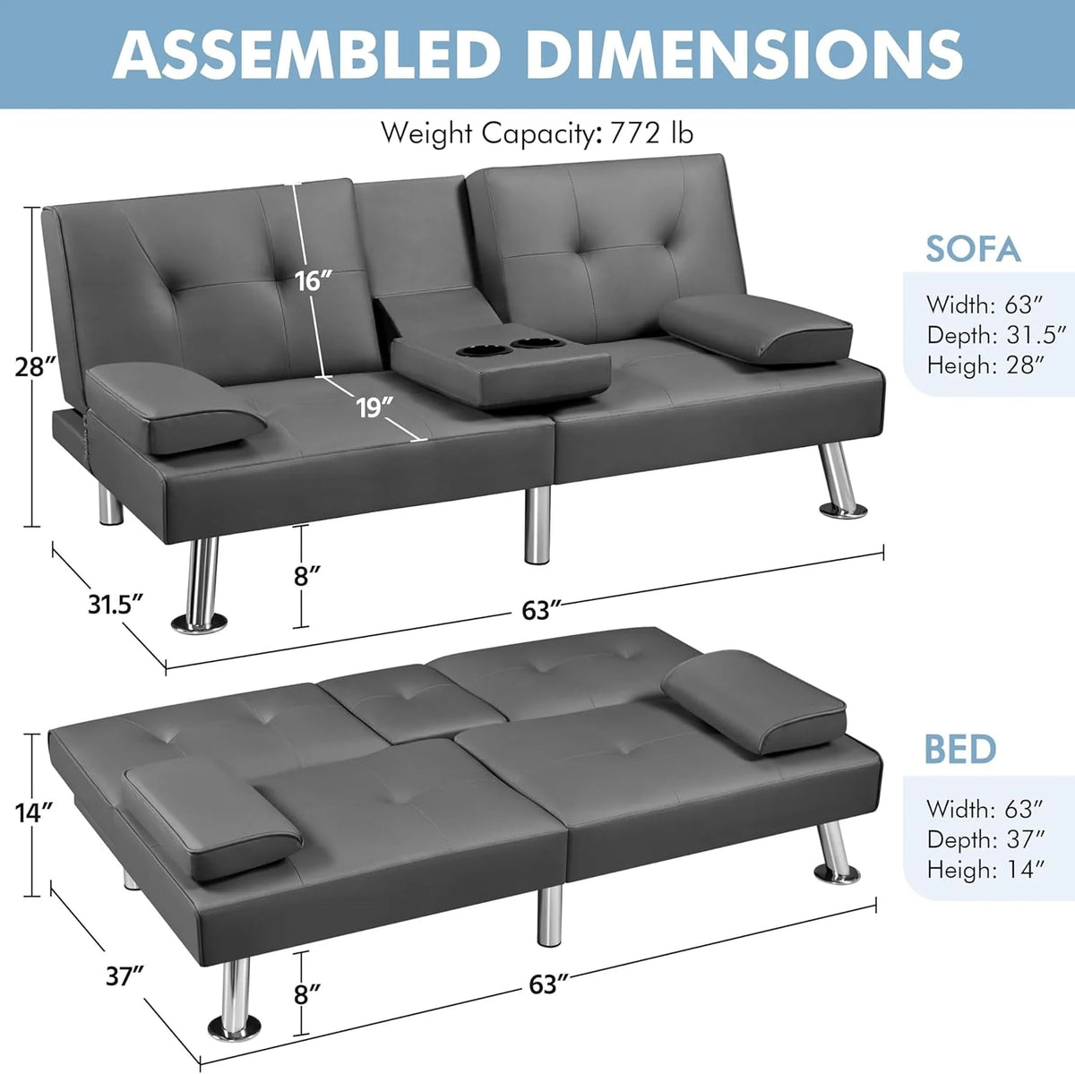 Convertible Sofa Bed Modern Imitation Leather Home Recliner Flip Double Sofa Folding Sofa Bed Guest Bed