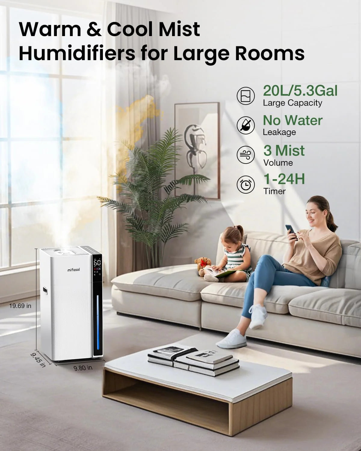 Mifasol Humidifier Large Room, 5.3 Gallon/20 Liter Home Warm and Cool Mist Humidifier