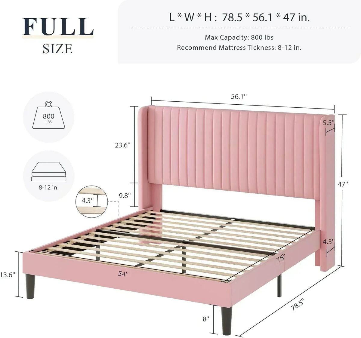 Allewie Full Size Velvet Bed Frame Vertical Channel Tufted Wingback Headboard Upholstered Bed