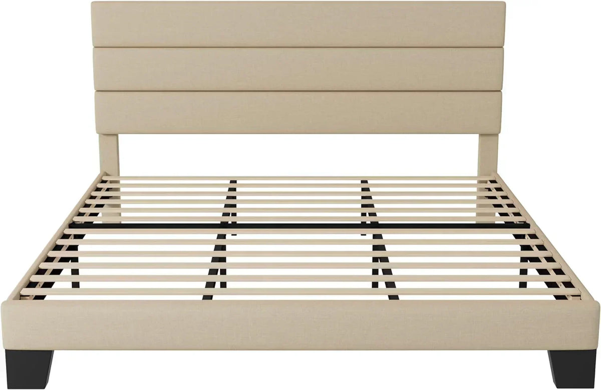 Allewie King size platform bed frame with velvet upholstered headboard and planks