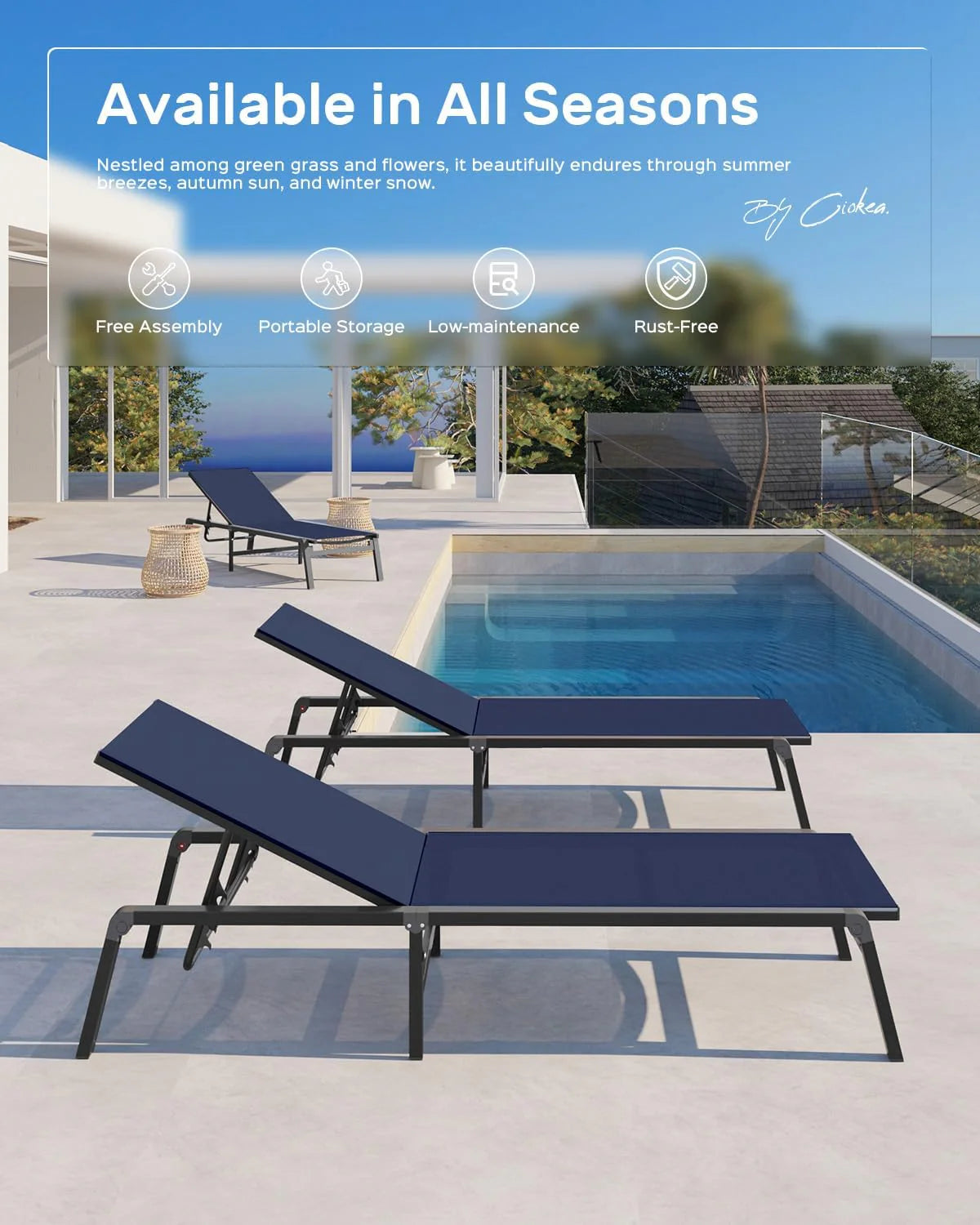 Aluminum Chaise Lounge Ourdoor - Foldable & Assemble Free Outdoor Lounge Chair with 5 Adjustable Backrest, Patio Lounge Chair for Outside Poolside Beach Pool, Black