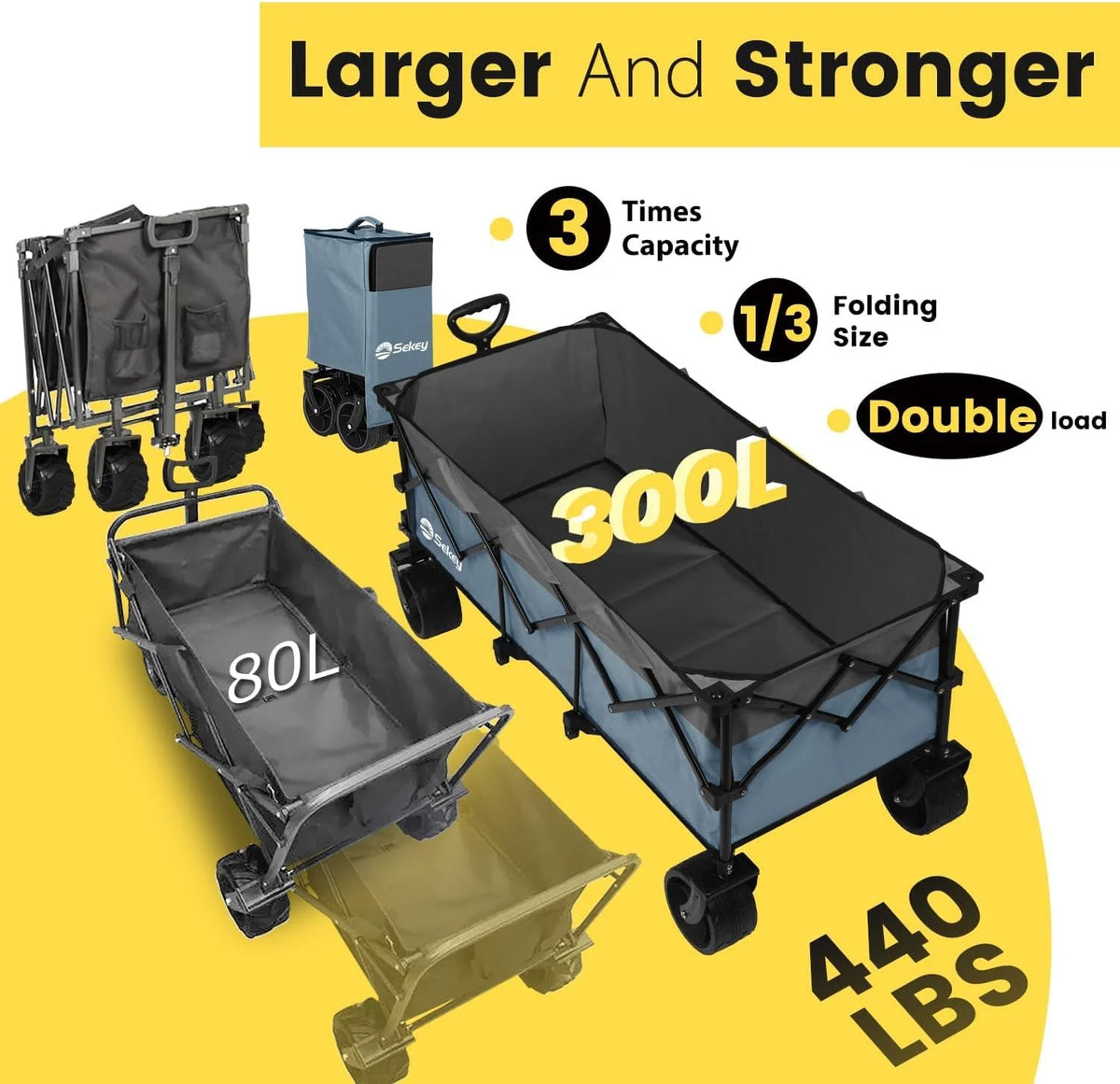 Sekey 48 Inch Long Foldable Extended Travel Cart, 440 Lbs Load Capacity, Heavy Duty 300 Liter Folding Multi-Purpose Garden Cart