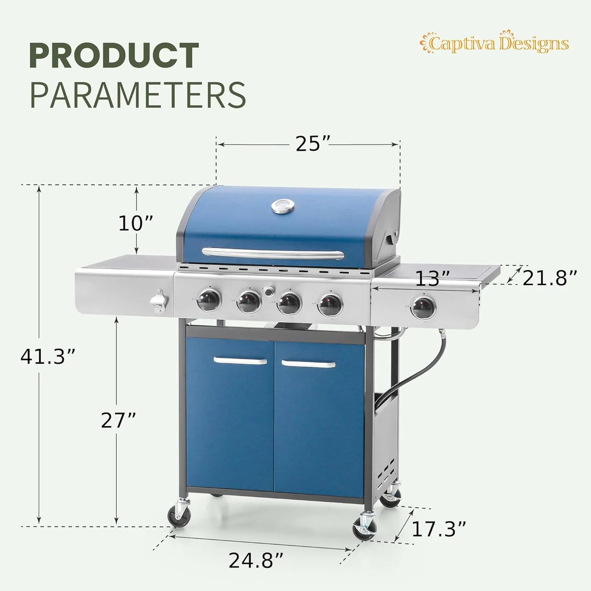 Captiva Designs 4-Burner Propane Gas BBQ Grill with Side Burner & Porcelain-Enameled Cast Iron Grates, 42,000 BTU Output Stainless Steel Grill for Outdoor Cooking Kitchen and Patio Backyard Barbecue