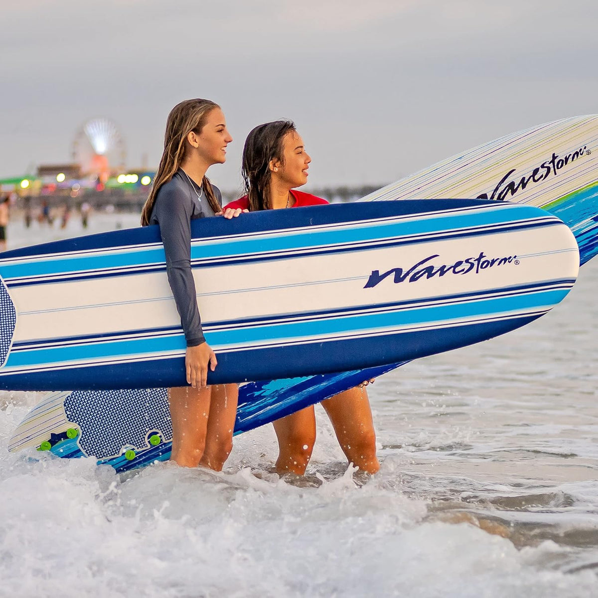 Wavestorm - Classic Soft Top Foam 7ft Surfboard Surfboard for Beginners and All Surfing Levels Complete Set Includes Leash and Multiple Fins Heat Laminated, Blue Pinline (AZ22-WSSF700-PIN)