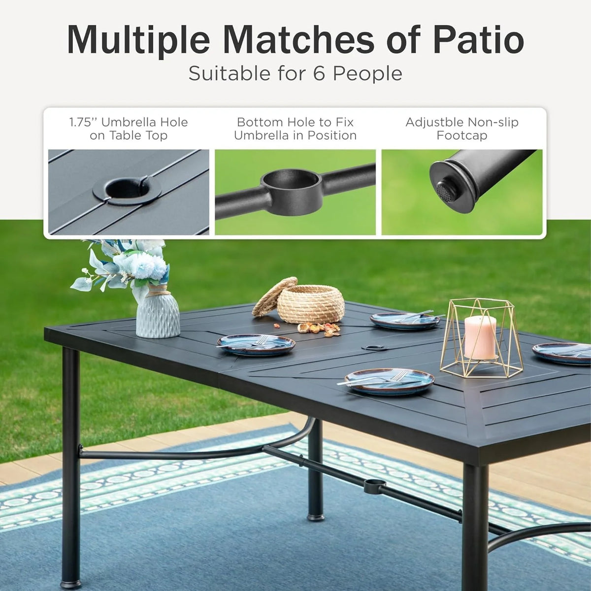 PHI VILLA 6-Piece Outdoor Dining Sets, All-Weather Patio Table and Chairs Set with Umbrella for 4, Heavy Duty Patio Round Table Set for Deck, 4 Extra Large Outdoor Swivel Chairs with Thick Cushions