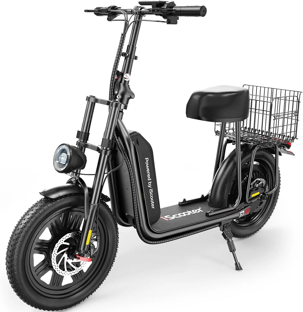 iScooter electric scooter with seat, 37/21 mile range, 28/19/15.6 mph top speed, dual suspension scooter with basket