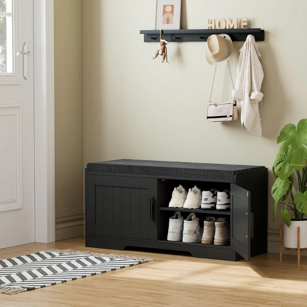 2-Tier Storage Bench, Shoe Bench with Thickened Padded Seat Cushion, Entryway Bench with 4 Doors, Adjustable Shelf