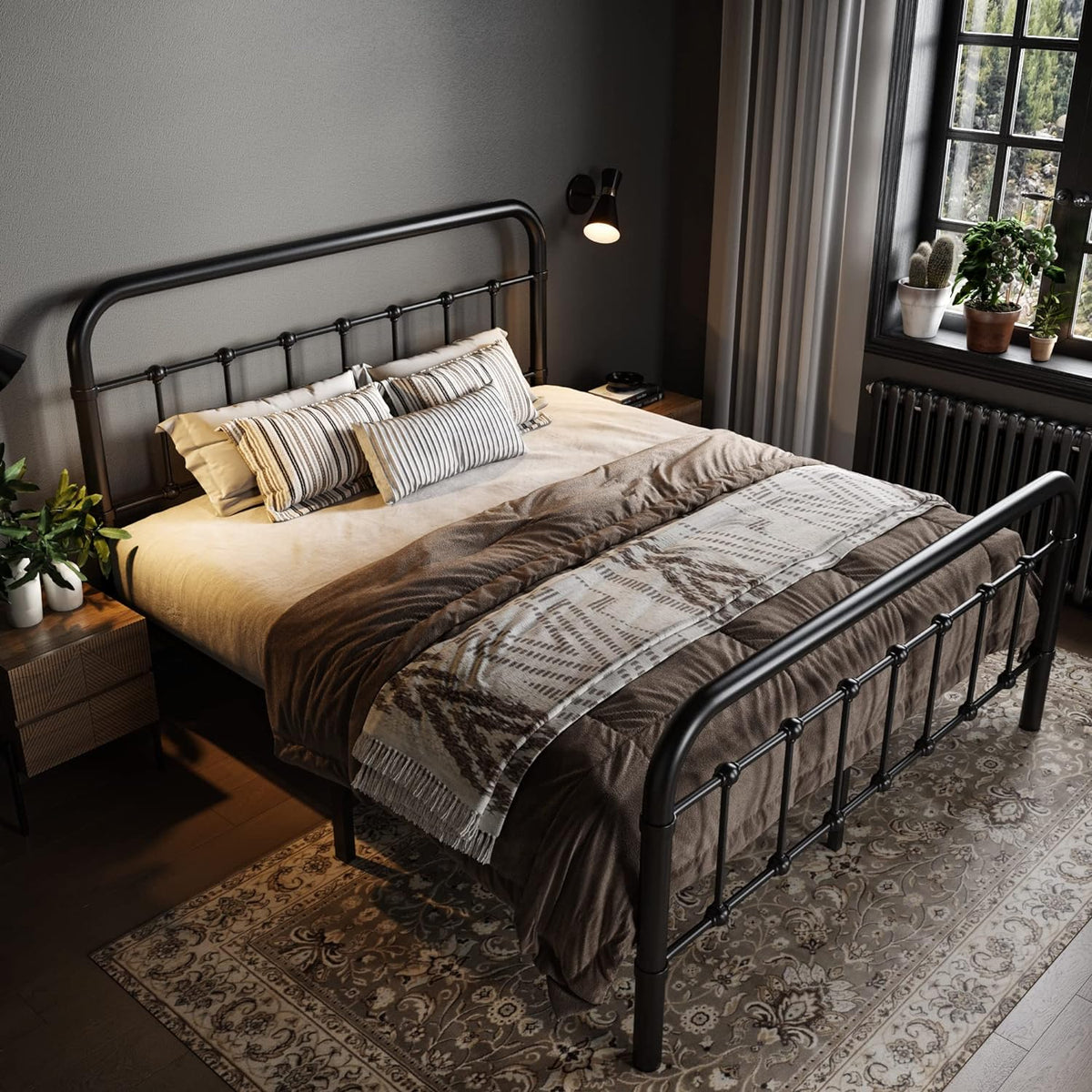 Allewie Queen Size Metal Platform Bed Frame with Victorian Style Wrought Iron-Art Headboard