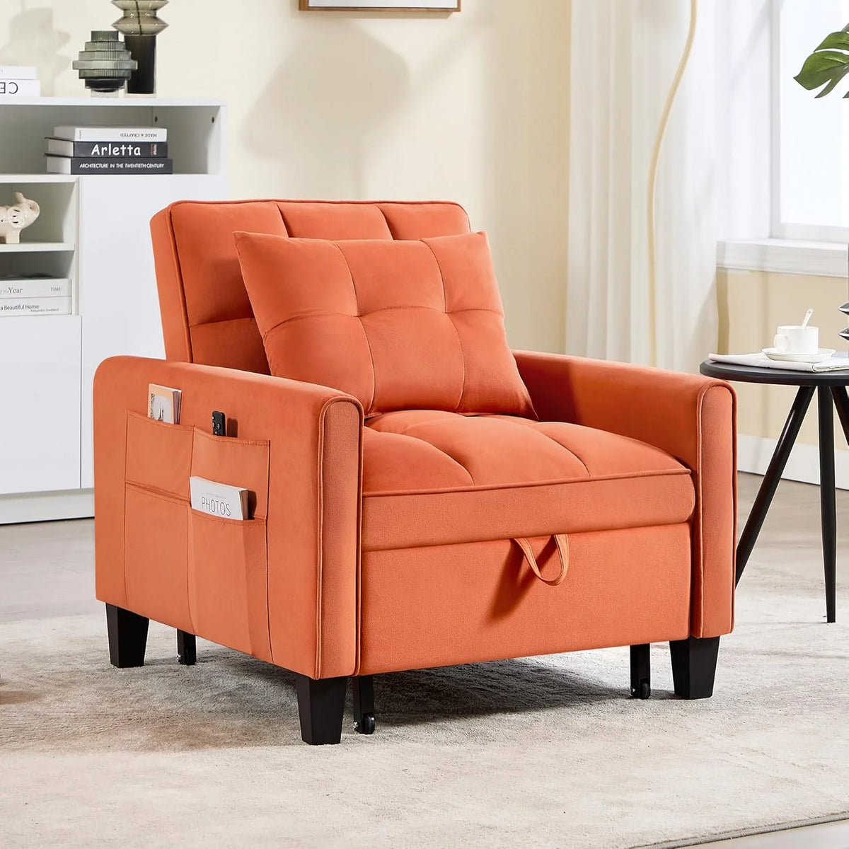 Convertible Sleeper Chair, 3 in 1 Sleeper Chair Bed Pull Out Sofa Bed Chairs, Velvet Single Sofa with Adjustable Backrest