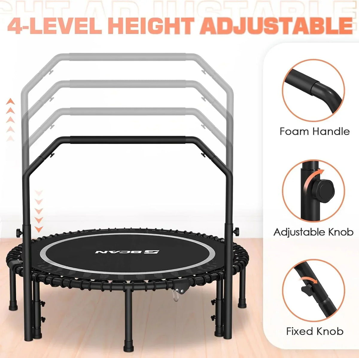 BCAN 450/550 LBS Foldable Mini Trampoline Fitness Trampoline Bungees Adjustable Foam Handle
