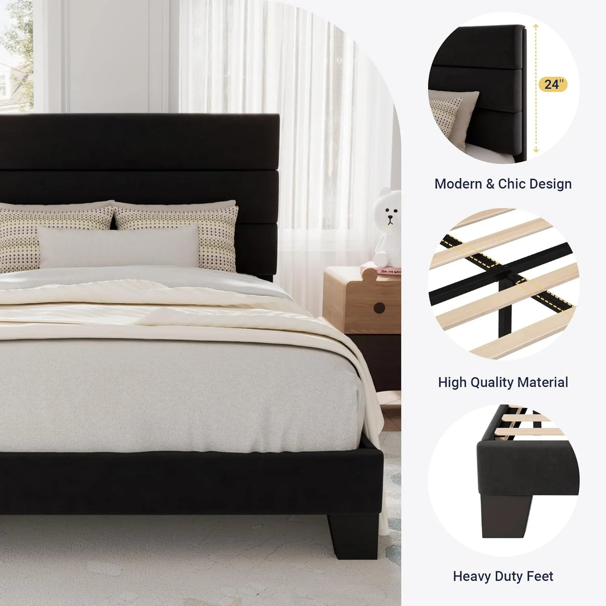 Allewie Queen Size Platform Bed Frame Fabric Upholstered Headboard Wooden Slats Support