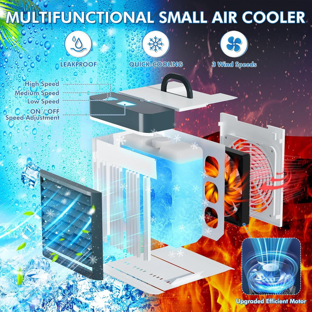 Portable Air Conditioners Fan, Anti-leakage Water Mini Air Cooler with 3 Speeds, Personal Ice Air Conditioner for Room Desk Office Home Tent(White06)