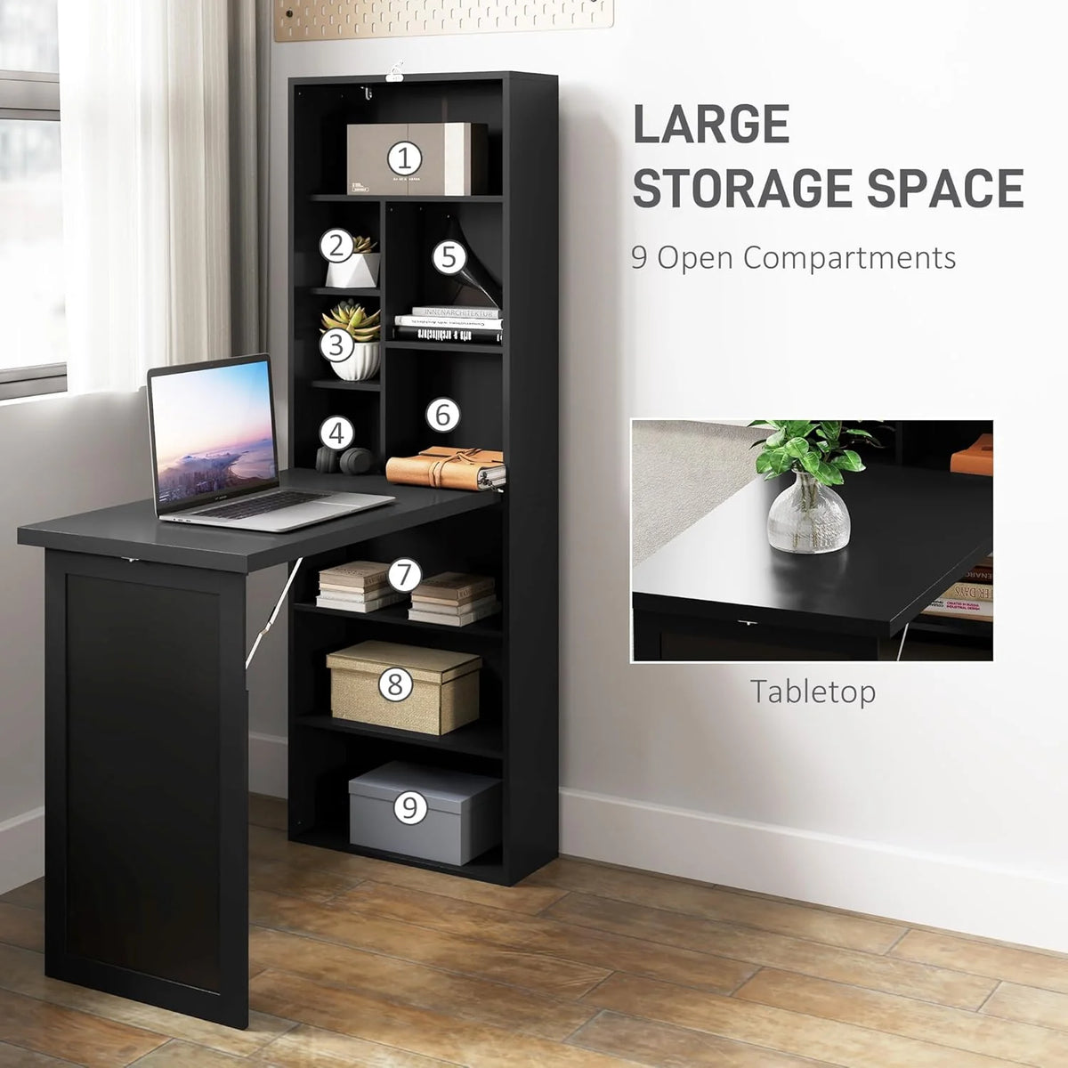 Folding convertible writing desk, wall mounted desk cabinet, multifunctional home office workstation