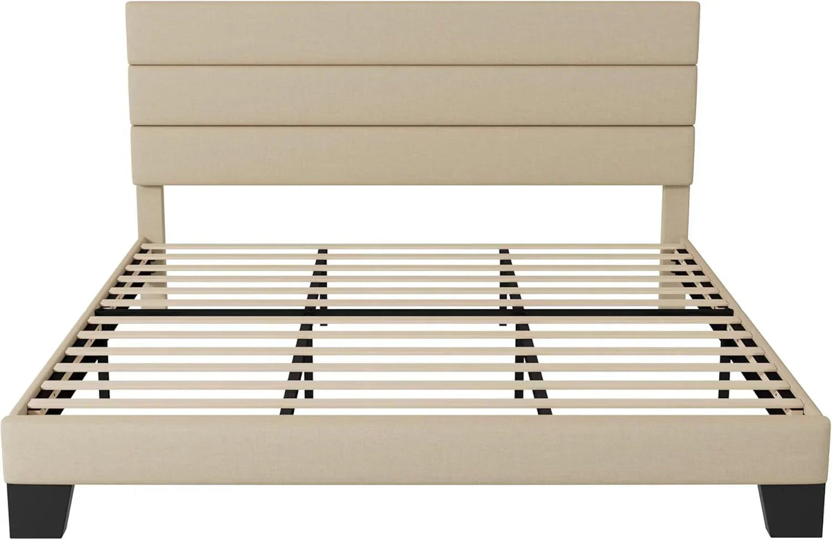 Allewie Queen Size Platform Bed Frame with Fabric Upholstered Headboard Wooden Slats Support