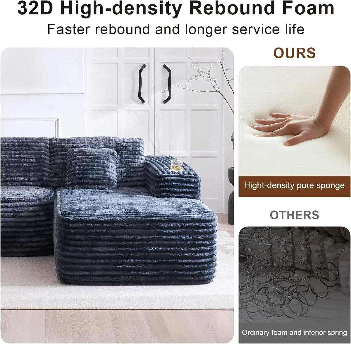 Cloud Sectional Couch with L Shape Chaise Modern Modular Sofa with Deep Seat Built in Cup Holder