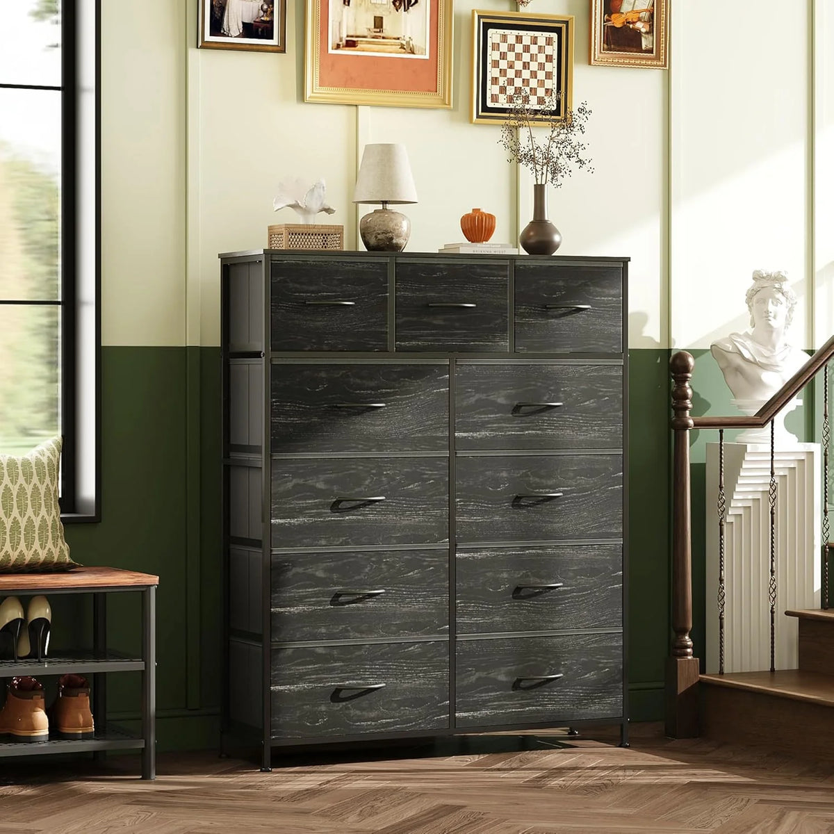 Storage Organizer Unit with 11 Fabric Bins, Storage Drawers Organizer with Steel Frame, Tall Storage Tower Organizaton