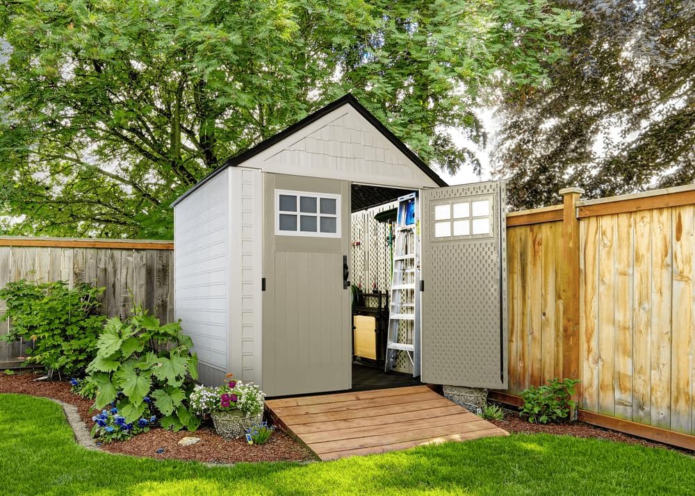 Rubbermaid Resin Outdoor Storage Shed With Floor (7 x 7 Ft) Weather Resistant Gray Organization for Home/Backyard/Garden Tools/Lawn Mower/Bike Storage/Pool Supplies