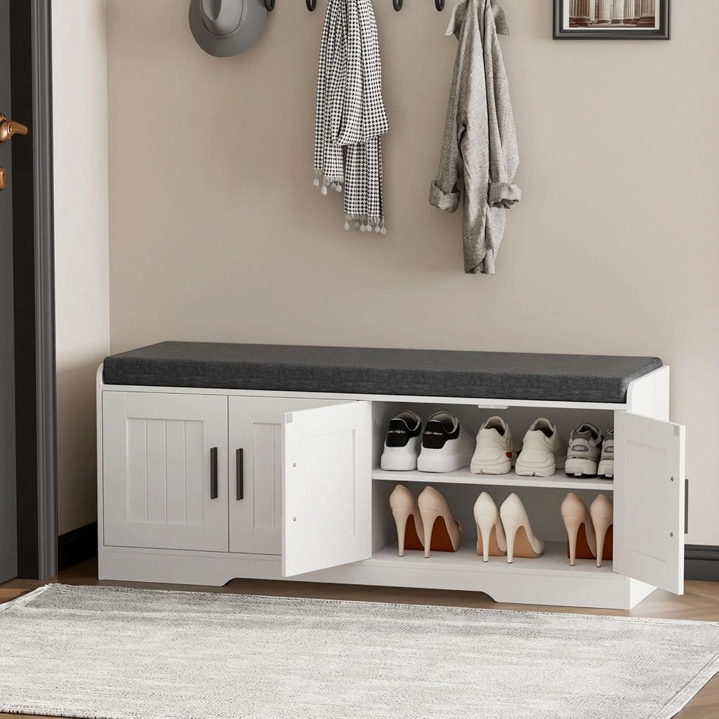 2-Tier Storage Bench, Shoe Bench with Thickened Padded Seat Cushion, Entryway Bench with 4 Doors, Adjustable Shelf