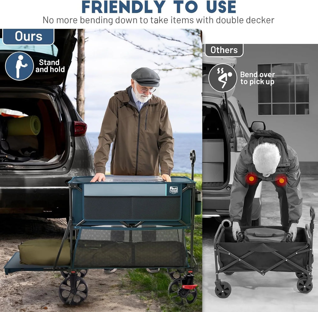 400L Large Capacity Folding Double Decker Cart with Brakes, 54 Inch Extra Long Extended Cart, 450 Pounds Heavy Duty Folding Cart