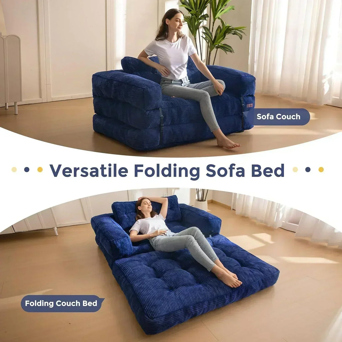 Folding Sofa Bed L-Shaped Convertible Sofa Bed with Armrests and Pillows
