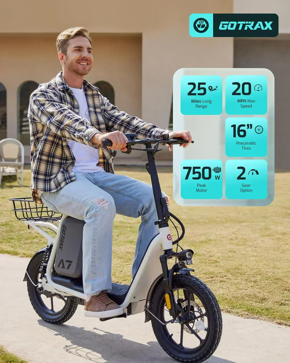 Gotrax adult electric scooter with seat maximum range of 19-25 miles all-terrain tires wide pedals