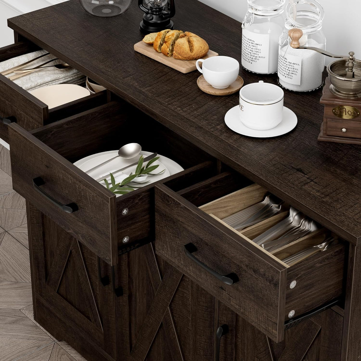 Modern farmhouse sideboard, barn door buffet storage cabinet with drawers and shelves, wooden coffee bar with storage