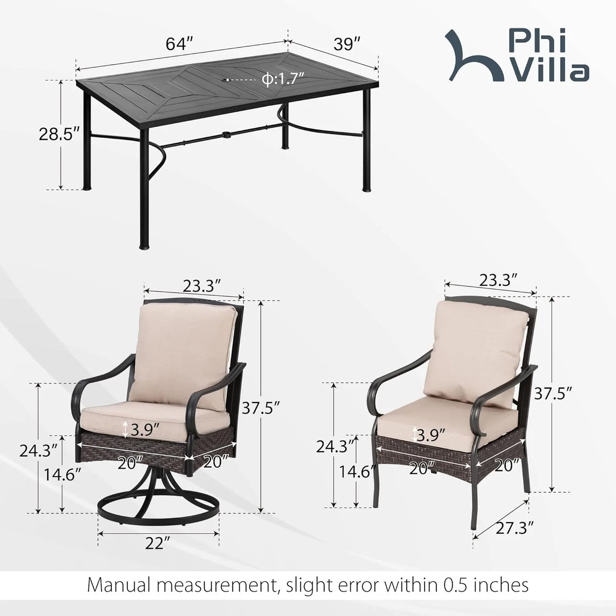 PHI VILLA 6-Piece Outdoor Dining Sets, All-Weather Patio Table and Chairs Set with Umbrella for 4, Heavy Duty Patio Round Table Set for Deck, 4 Extra Large Outdoor Swivel Chairs with Thick Cushions