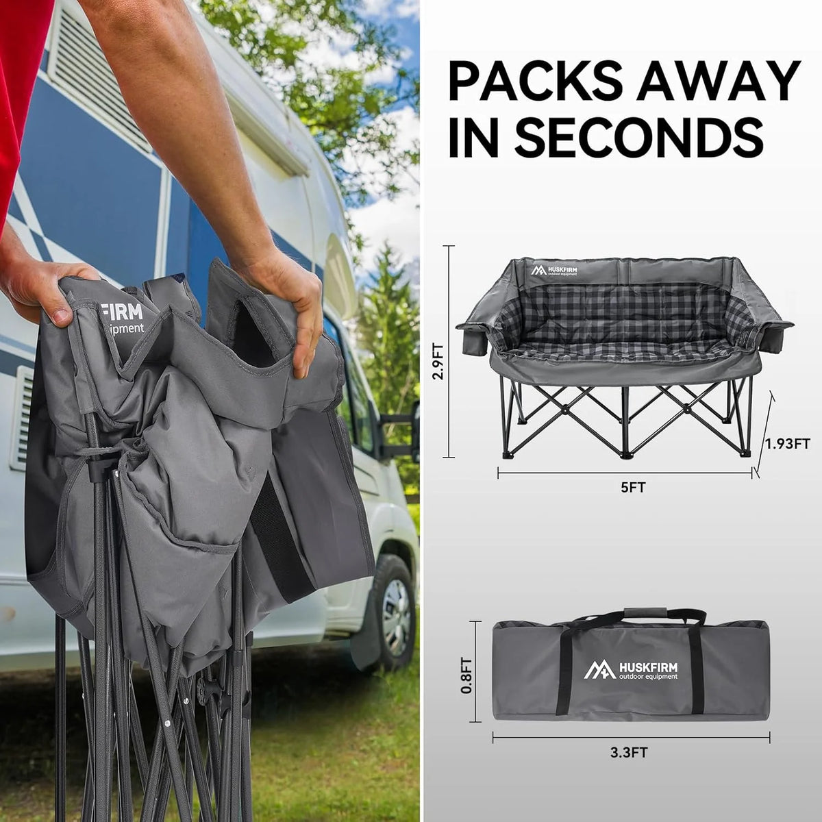 Double Camping Chairs Padded Loveseat Chair for 2 Person - Heavy Duty Oversized Camping Couch for Adults Outdoor Lawn Beach - Portable Folding Sofa with Cup Holders and Carry Bag, Grey