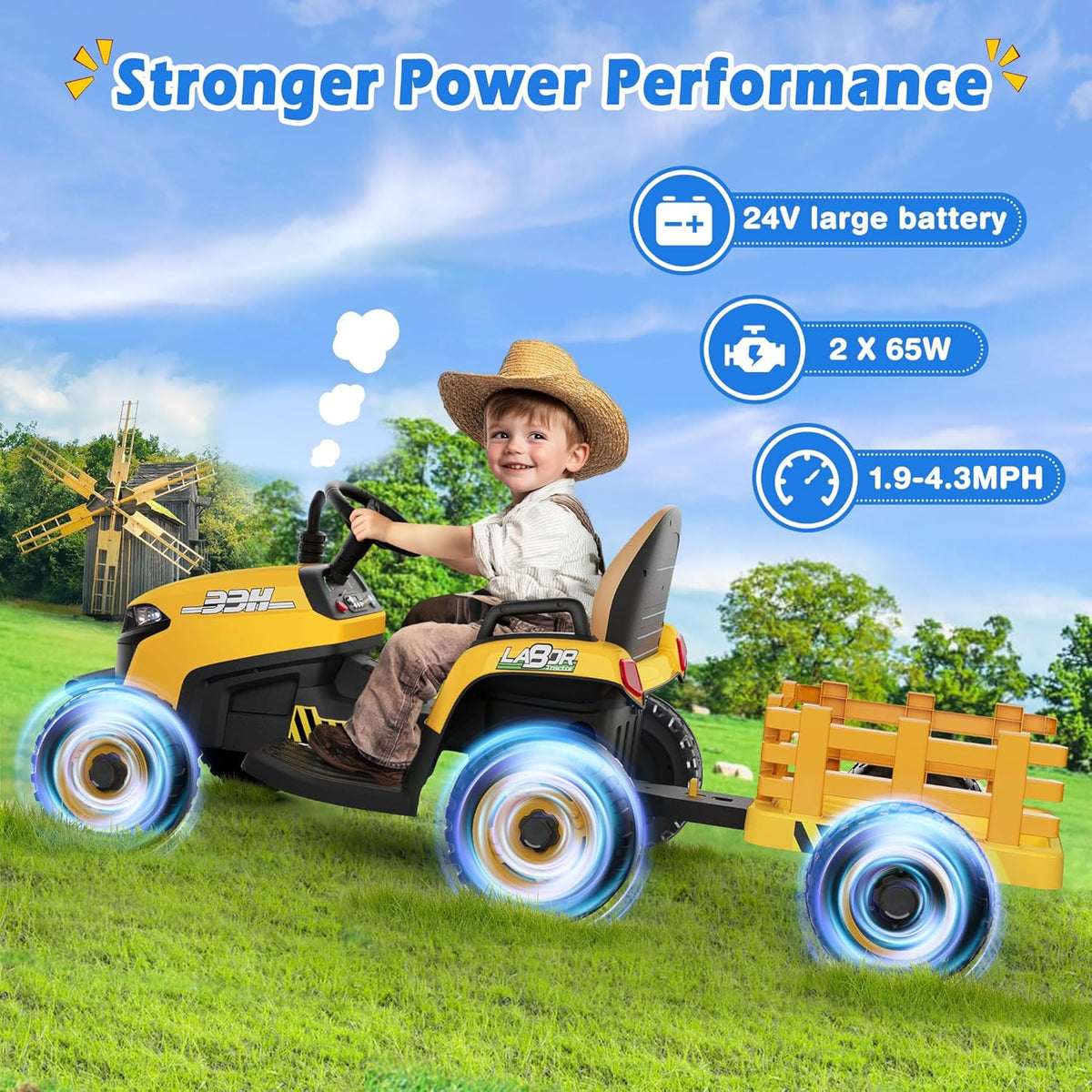 24V Ride On Tractor w/Tiltable & Detachable Trailer, 2x65W Motors, EVA Tires, Remote Control, Bluetooth, Shifter, Music, Electric Car for Kids, Green
