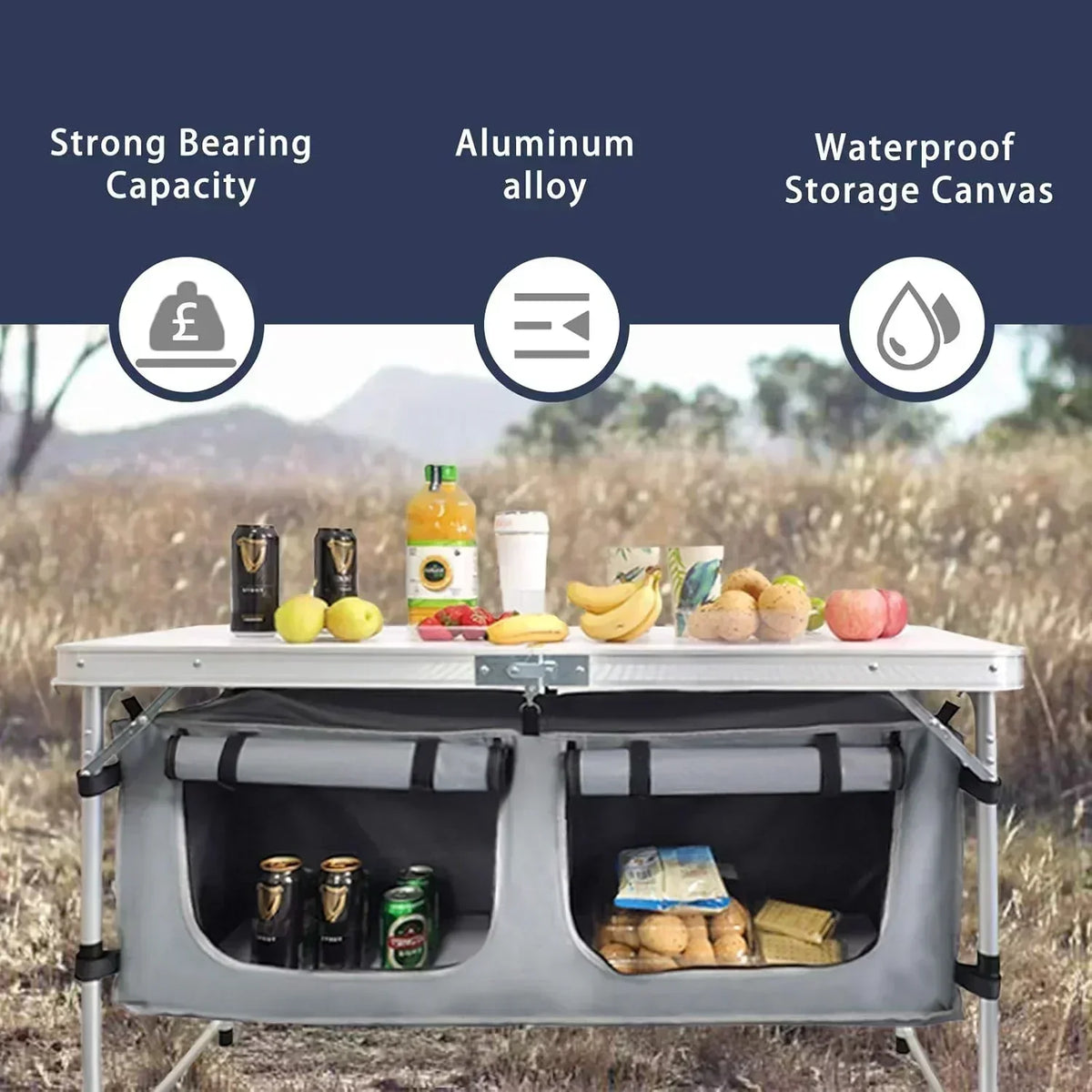 Outdoor Folding Table Aluminum Lightweight Height Adjustable with Storage Organizer