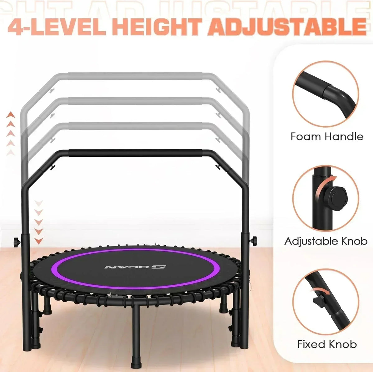 BCAN 450/550 LBS Foldable Mini Trampoline Fitness Trampoline Bungees Adjustable Foam Handle