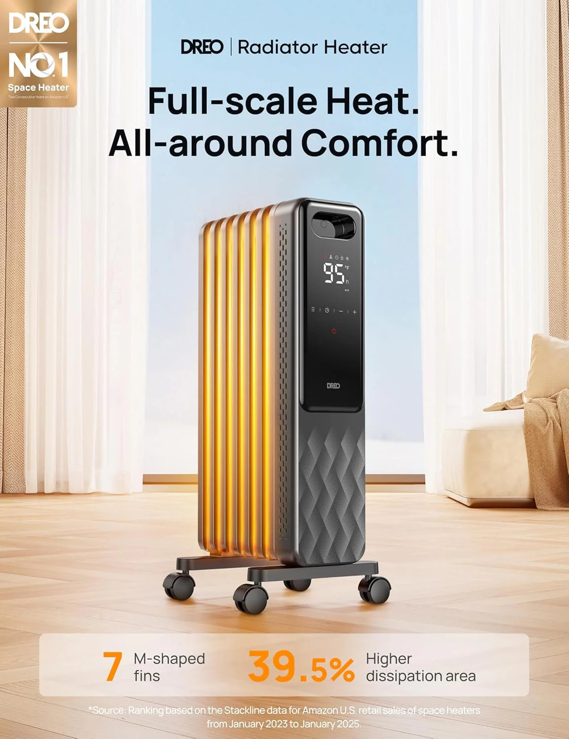 Dreo Oil Filled Radiator, Electric Radiant Heaters for indoor use Large Room with Remote Control, Child Lock, 4 Modes, Overheat & Tip-Over Protection, 24h Timer, Digital Thermostat, Quiet, 1500W