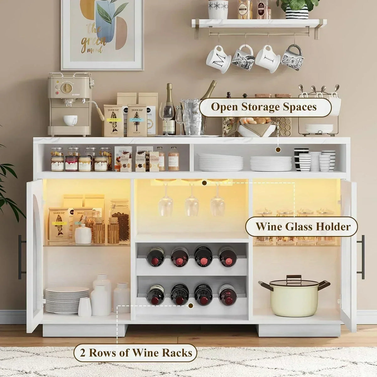 Sideboard 54-inch kitchen cabinet with LED lights and arched glass doors tall bar cabinet