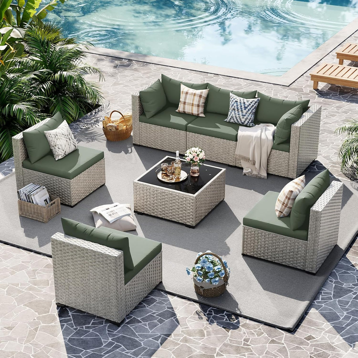 UDPATIO Outdoor Patio Furniture Set, 7-Piece PE Wicker Sectional Sofa with Tea Table, Outdoor Conversation Set for Patio, Garden, Backyard Green