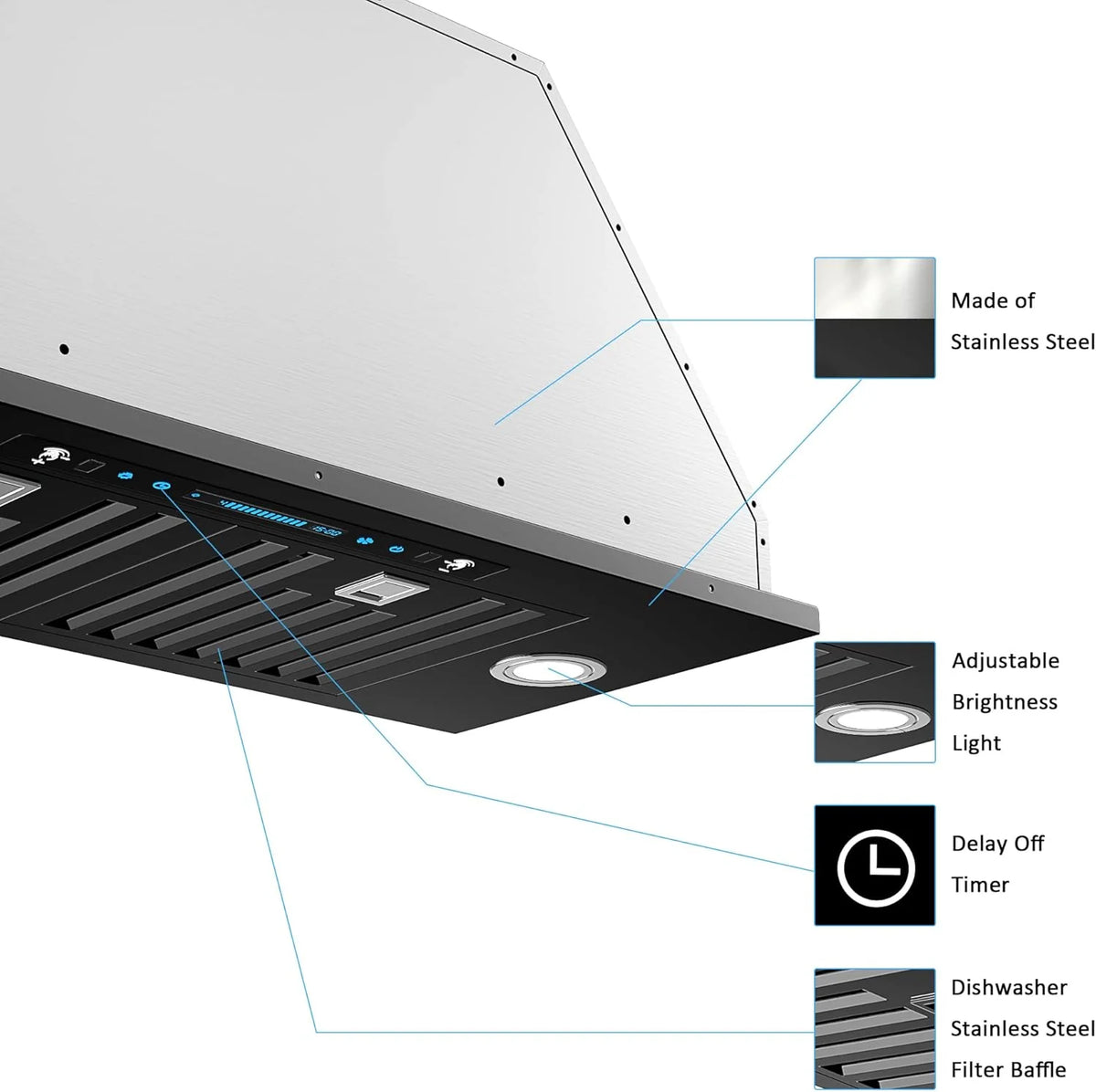IKTCH 30 Built-in/Plug-in Range Hood 900 CFM, Ducted/Ductless Convertible Ducted, Stainless Steel Kitchen Range Hood